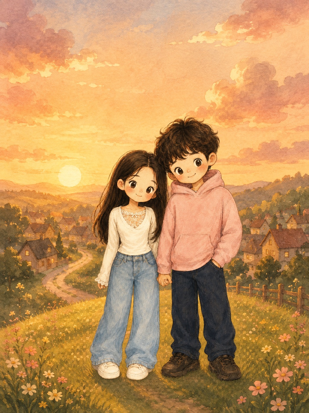 Tim 和宝宝牵手站在夕阳小世界里的手绘插画